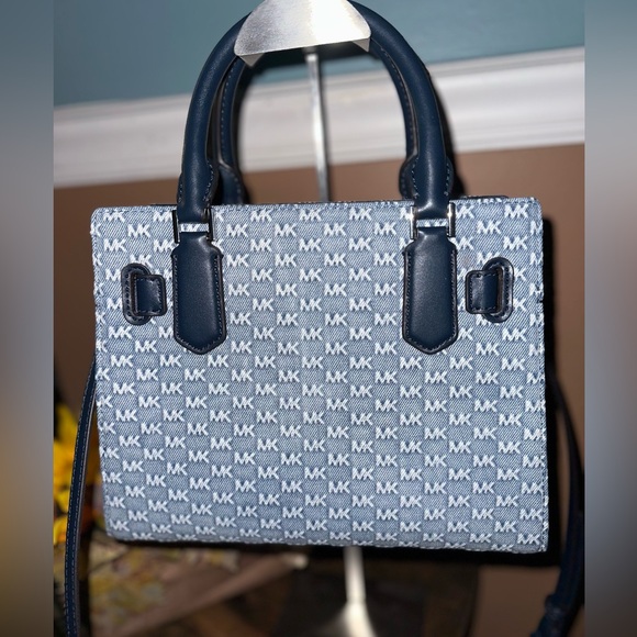 Michael Kors Hamilton Small Logo Embossed Washed Denim Satchel - Picture 6 of 10